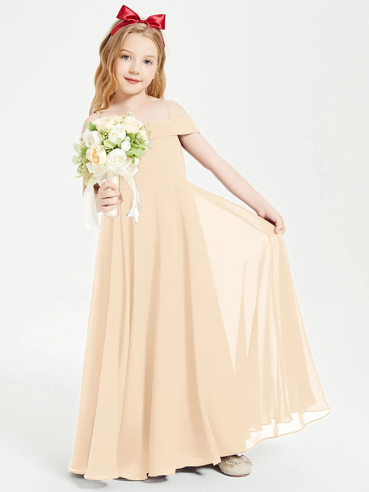 Chic Junior Bridesmaid Dresses Off the Shoulder Peach
