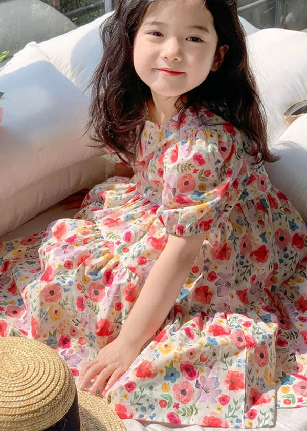 Chic Red O Neck Print Patchwork Cotton Baby Girls Dresses Summer LY5489