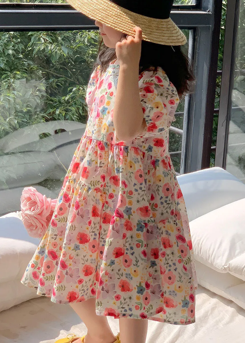 Chic Red O Neck Print Patchwork Cotton Baby Girls Dresses Summer LY5489