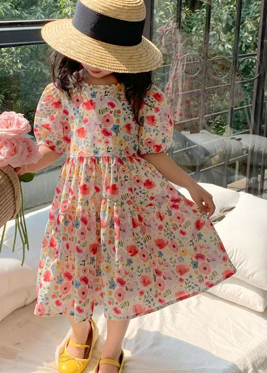Chic Red O Neck Print Patchwork Cotton Baby Girls Dresses Summer LY5489