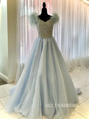 Chic V neck Dusty Blue Long Prom Dresses Beaded and Feather Long Evening Dress #TKL202