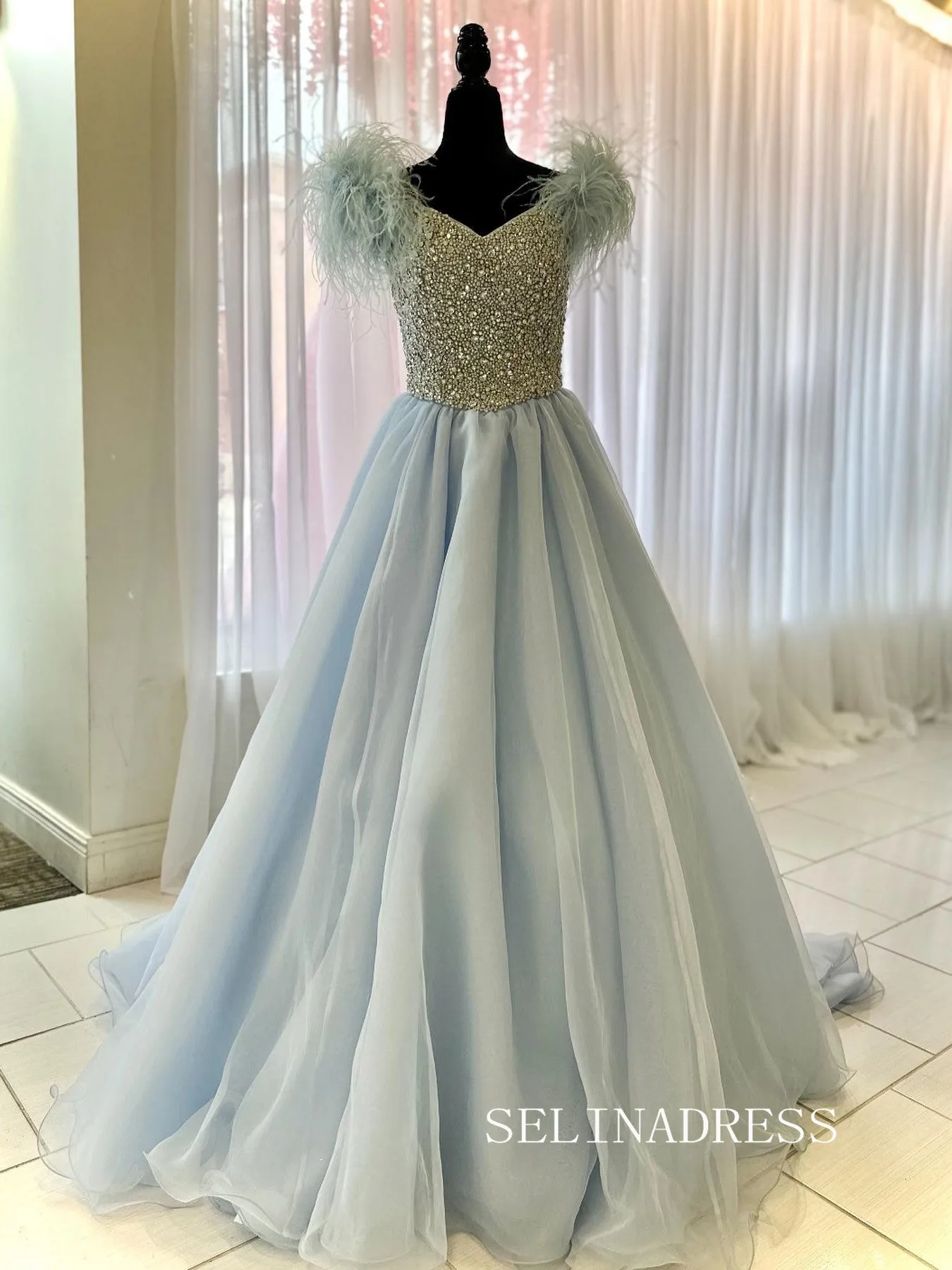 Chic V neck Dusty Blue Long Prom Dresses Beaded and Feather Long Evening Dress #TKL202