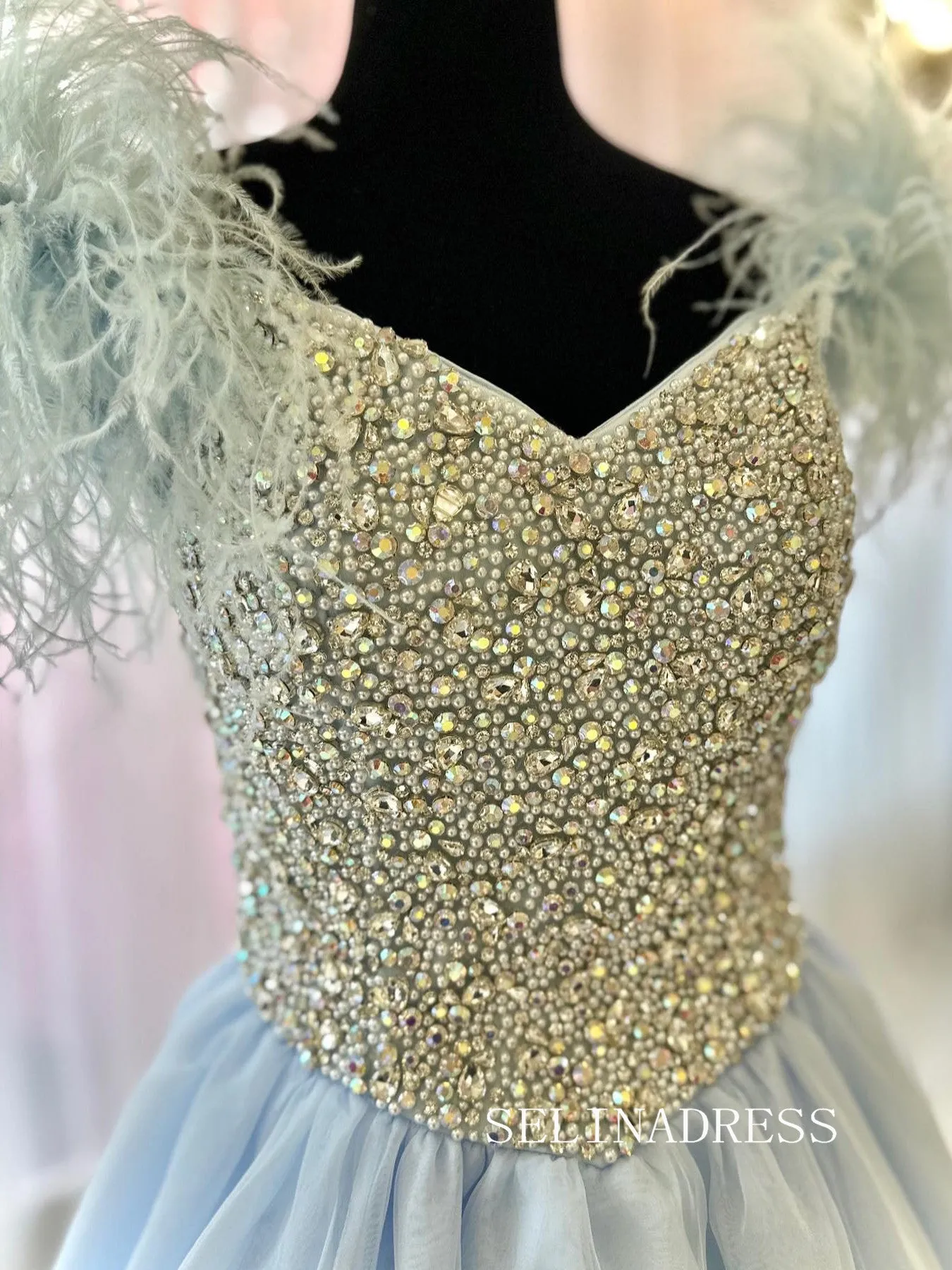 Chic V neck Dusty Blue Long Prom Dresses Beaded and Feather Long Evening Dress #TKL202