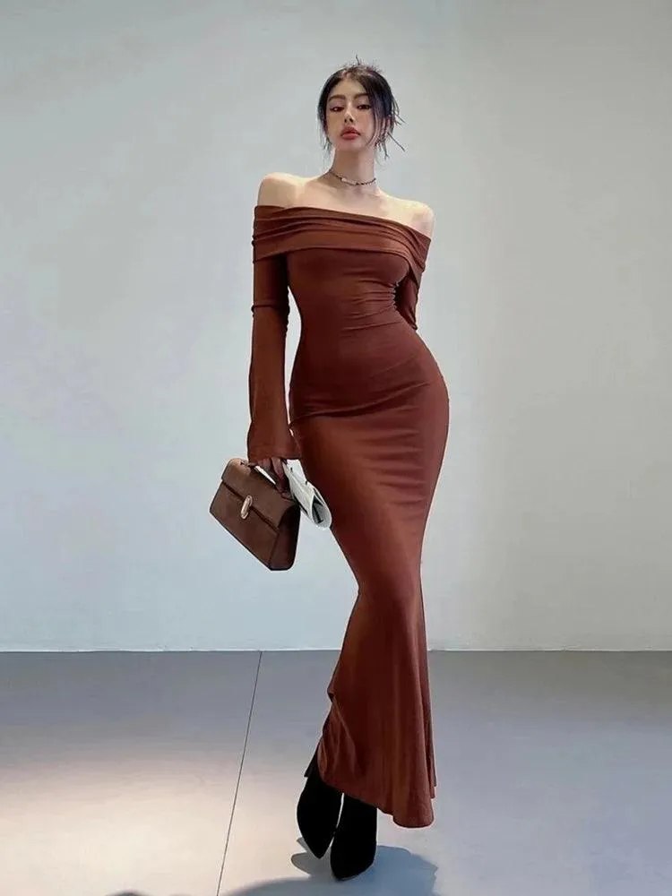Chic Winter Elegance: Off-Shoulder Korean Maxi Dress in Black