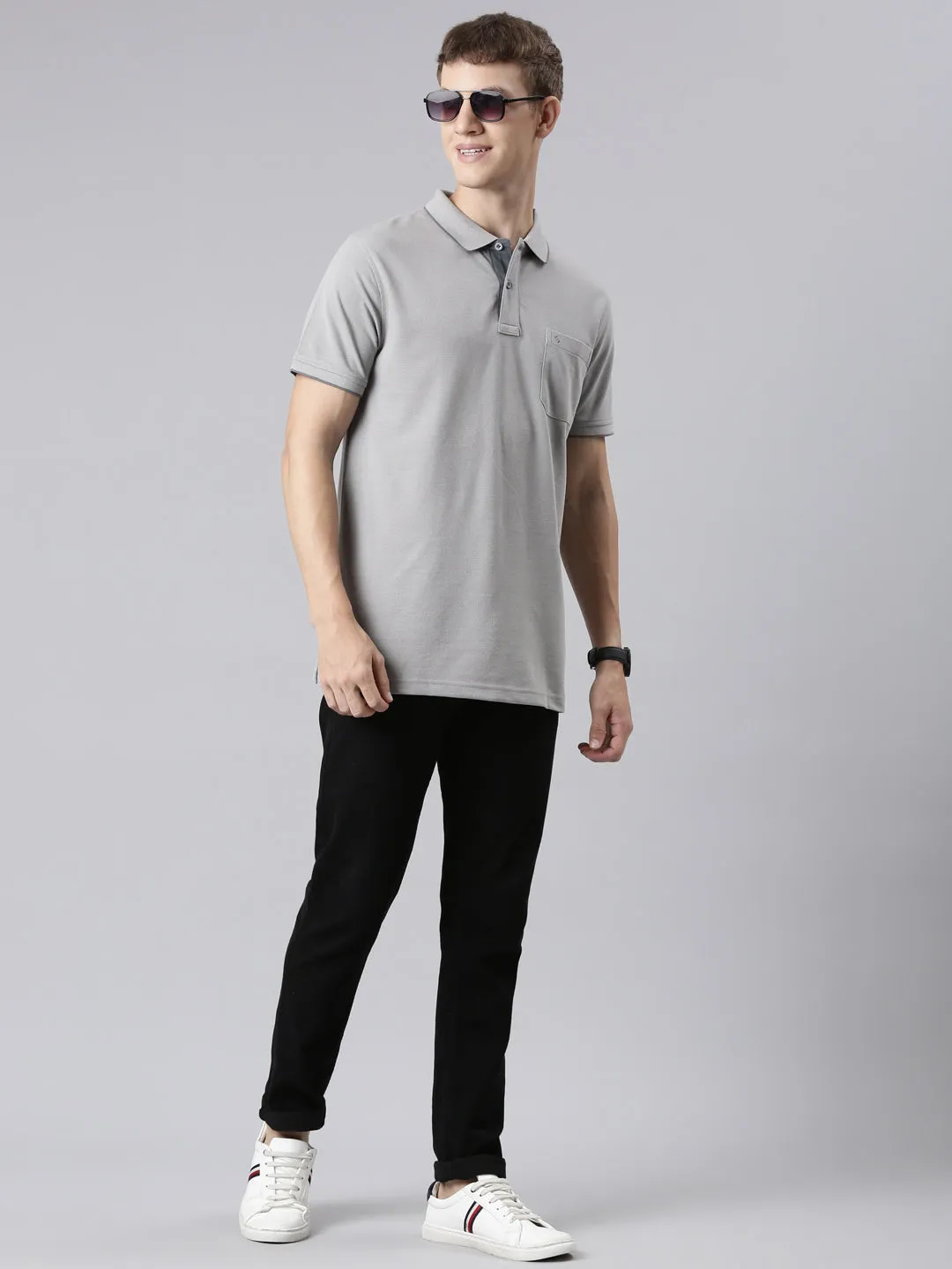 Classic Polo Men's Casual Solid Silver Half Sleeve Slim Fit T-Shirt | TOY-NOVA-SILVER SF P