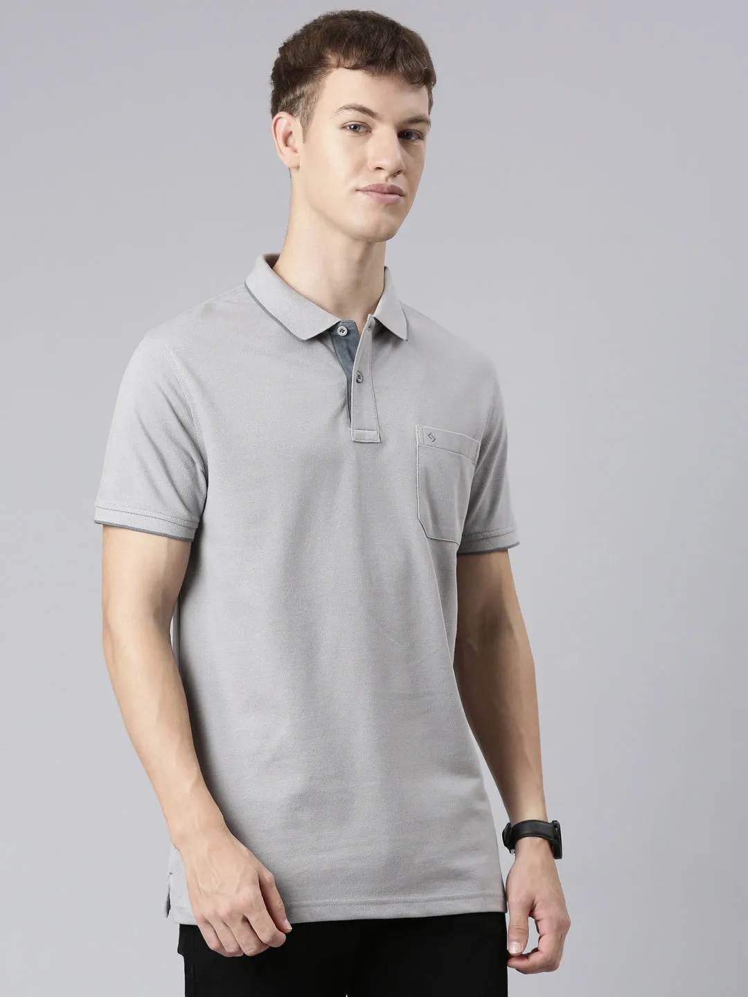 Classic Polo Men's Casual Solid Silver Half Sleeve Slim Fit T-Shirt | TOY-NOVA-SILVER SF P