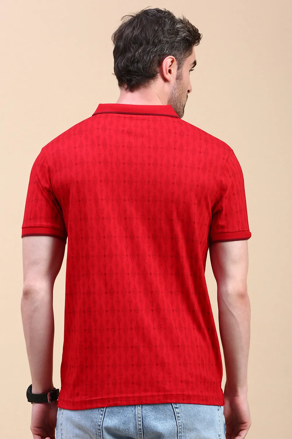 Classic Polo Men's Half Sleeve Red Polo Neck Slim Fit All Over Print T-Shirt | BELLO - 326 B SF P