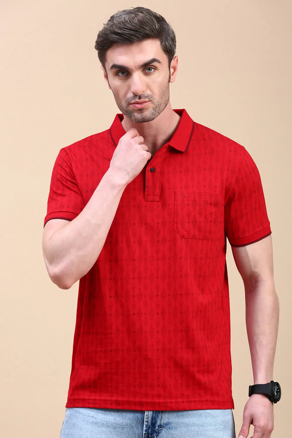 Classic Polo Men's Half Sleeve Red Polo Neck Slim Fit All Over Print T-Shirt | BELLO - 326 B SF P