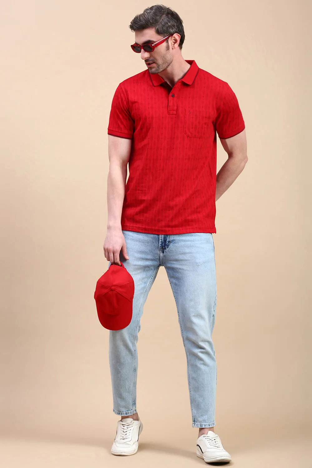 Classic Polo Men's Half Sleeve Red Polo Neck Slim Fit All Over Print T-Shirt | BELLO - 326 B SF P