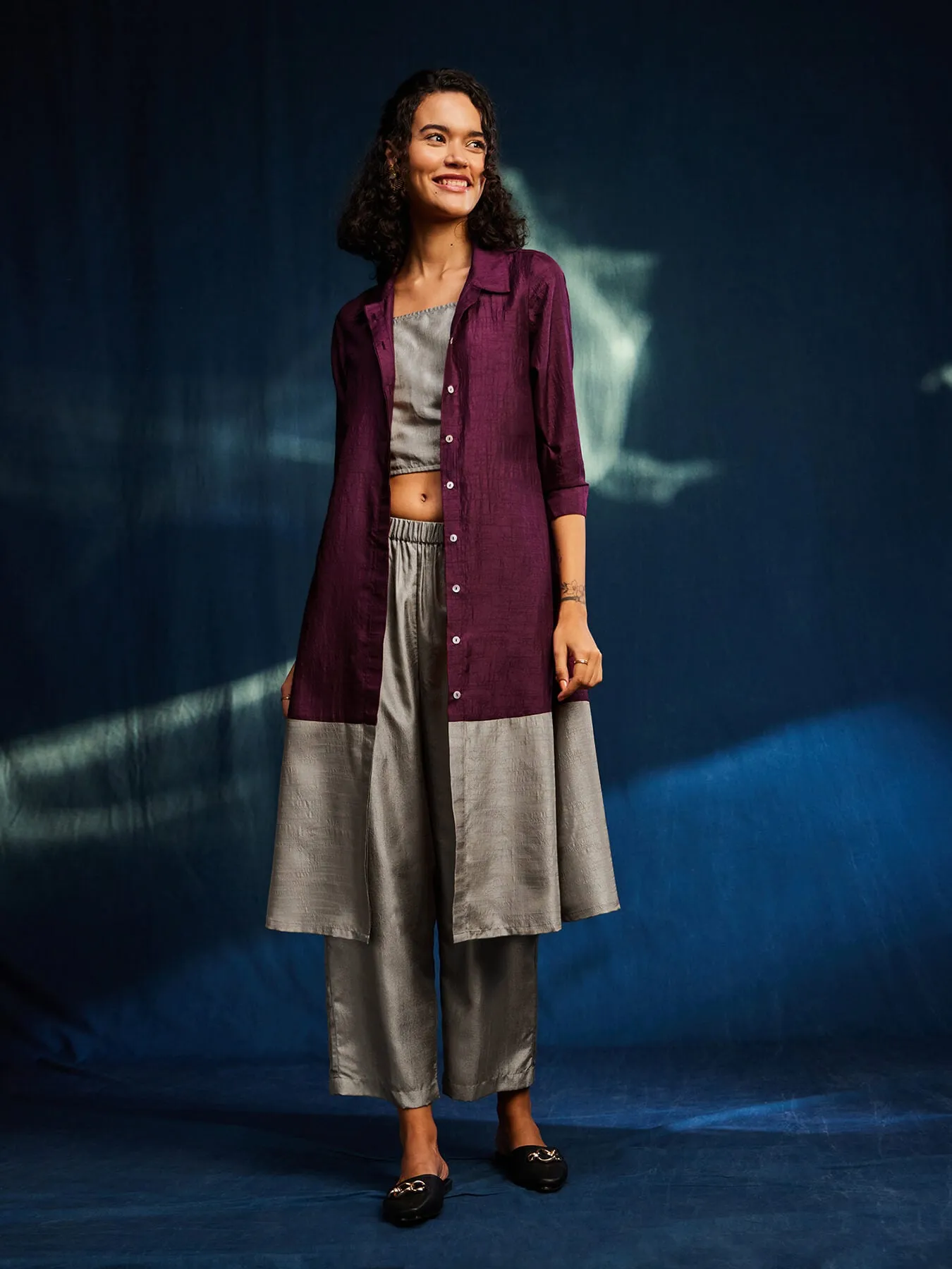 Colour Block Silk Blend A-line Kurta Set - Burgundy & Grey