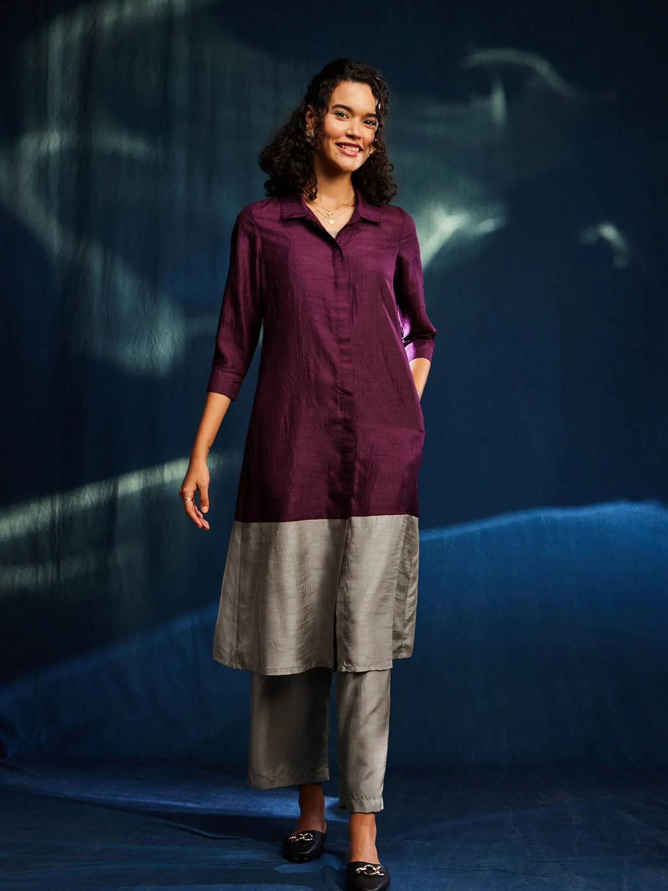 Colour Block Silk Blend A-line Kurta Set - Burgundy & Grey