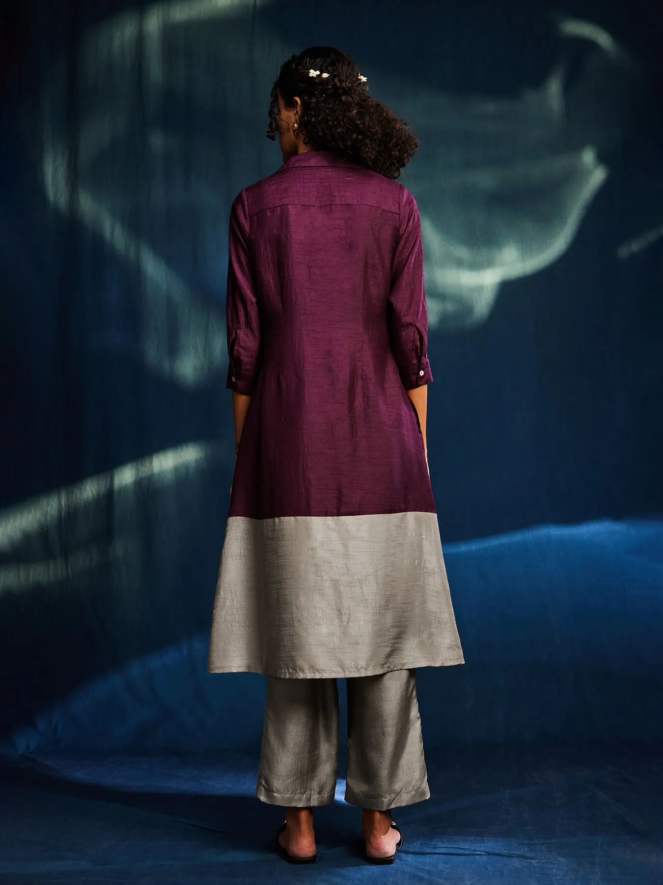 Colour Block Silk Blend A-line Kurta Set - Burgundy & Grey