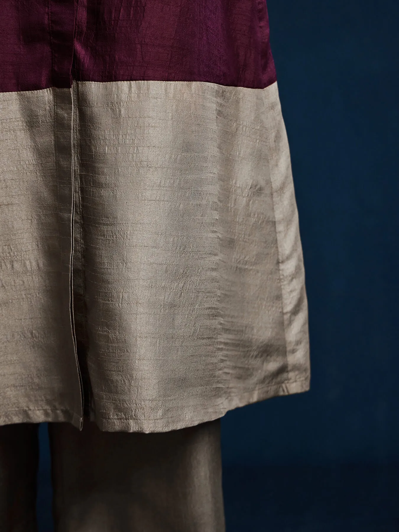Colour Block Silk Blend A-line Kurta Set - Burgundy & Grey