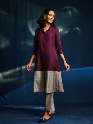 Colour Block Silk Blend A-line Kurta Set - Burgundy & Grey