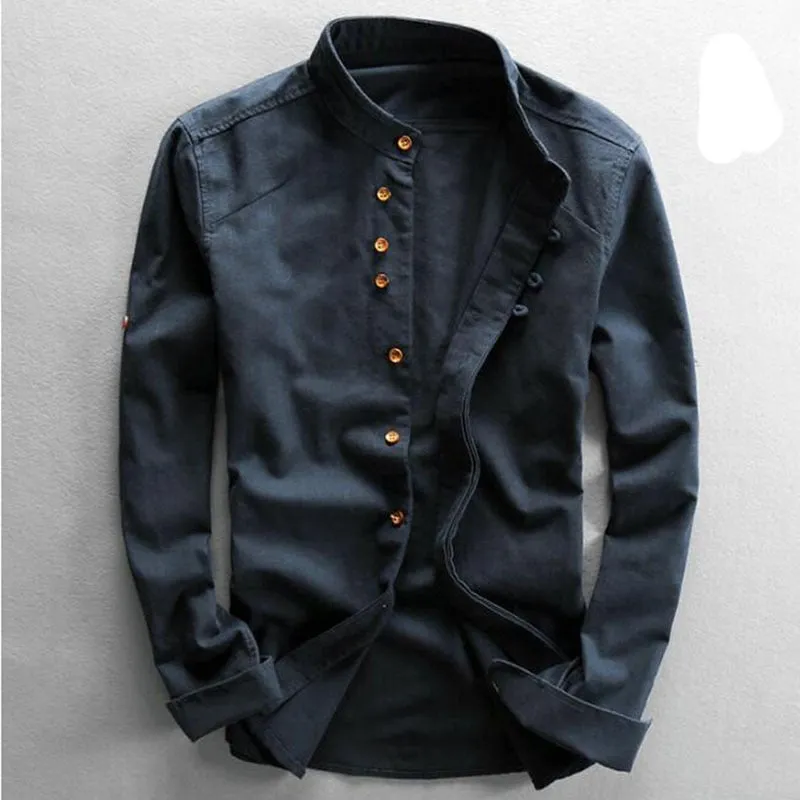 Cotton Linen Shirts Long Sleeve Men Casual Slim Mandarin Collar Shirts