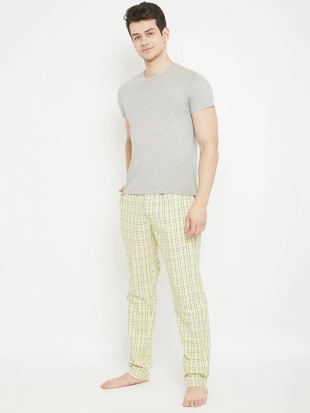 Cream Checked Straight Lounge Pants