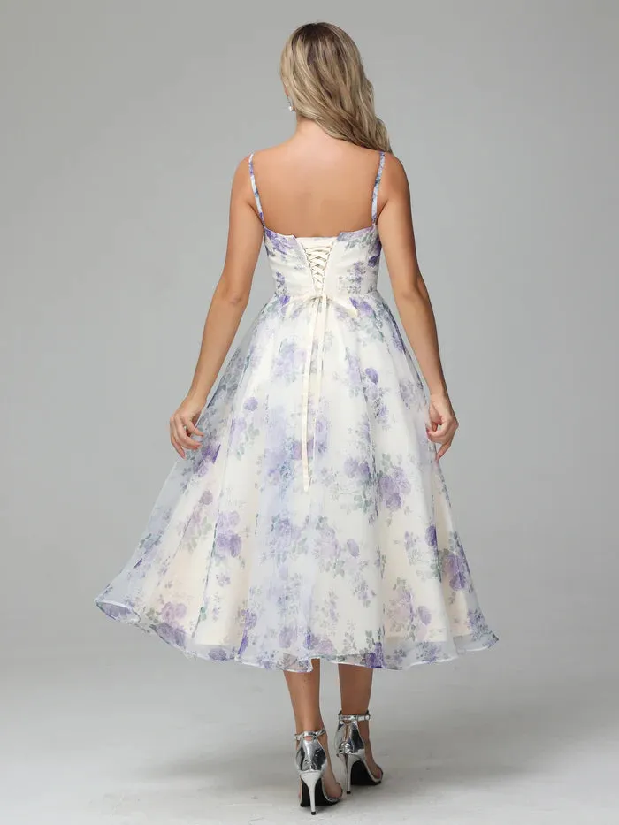 Cute A-Line Spaghetti Straps Floral Printed Tea Length Bridesmaid Dresses