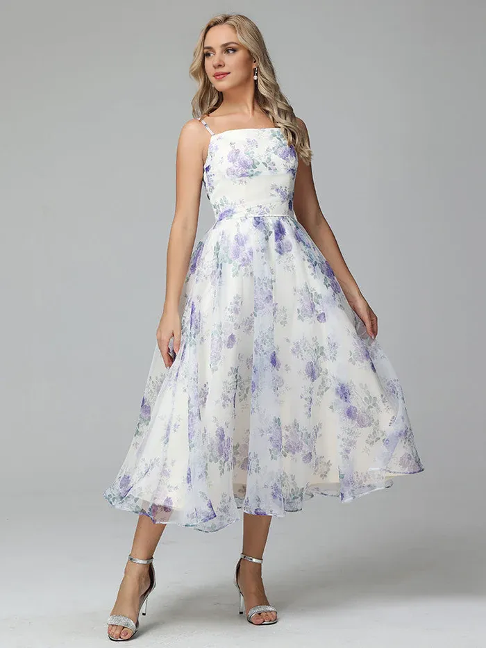 Cute A-Line Spaghetti Straps Floral Printed Tea Length Bridesmaid Dresses