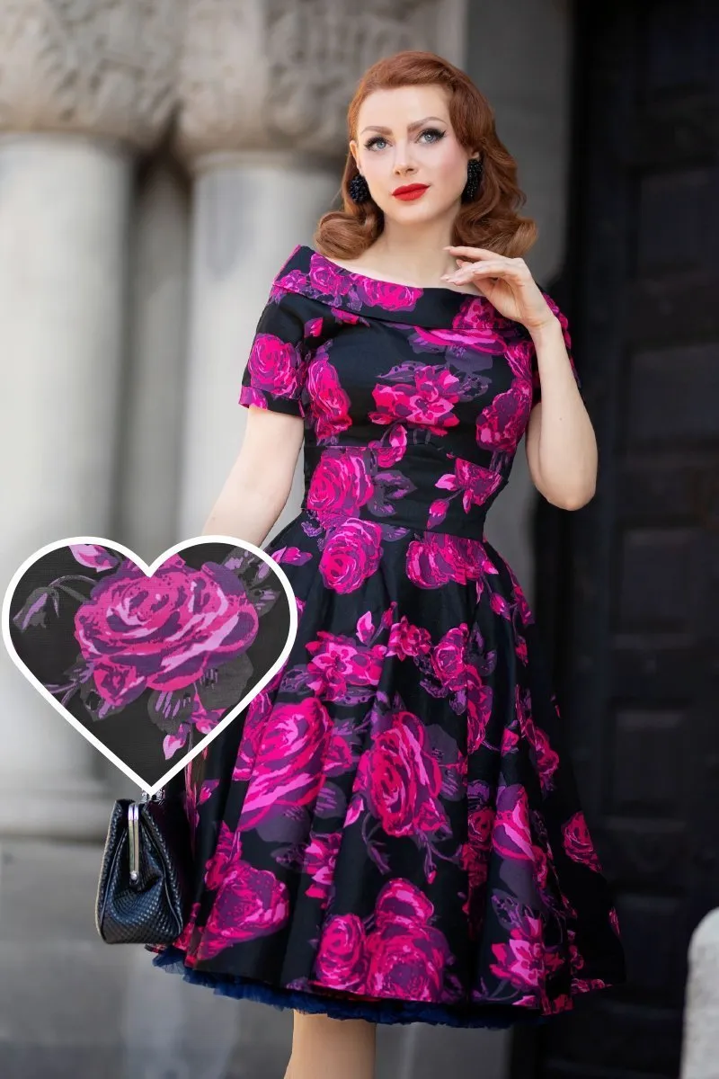 Darlene Retro Black-Pink Roses Swing Dress