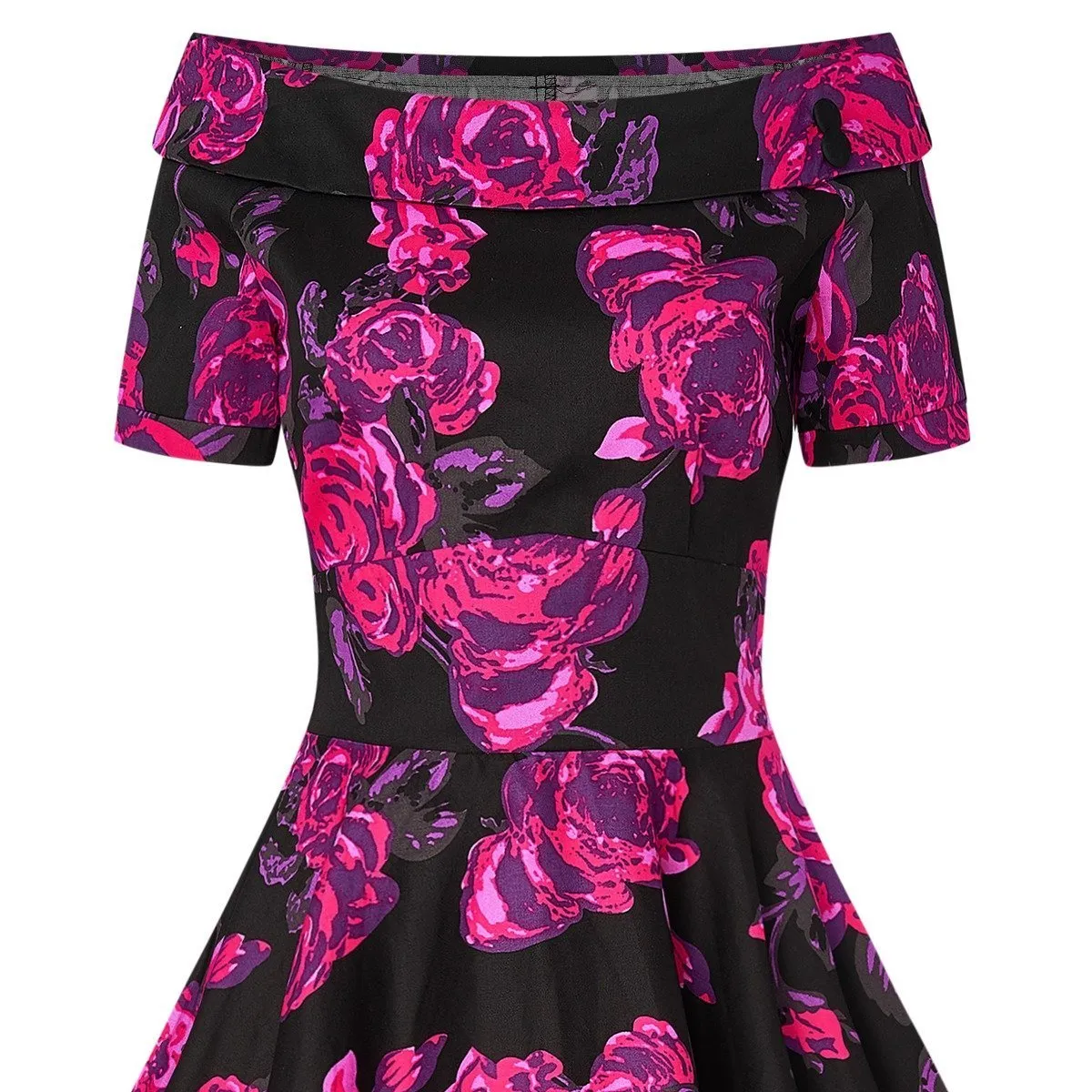 Darlene Retro Black-Pink Roses Swing Dress