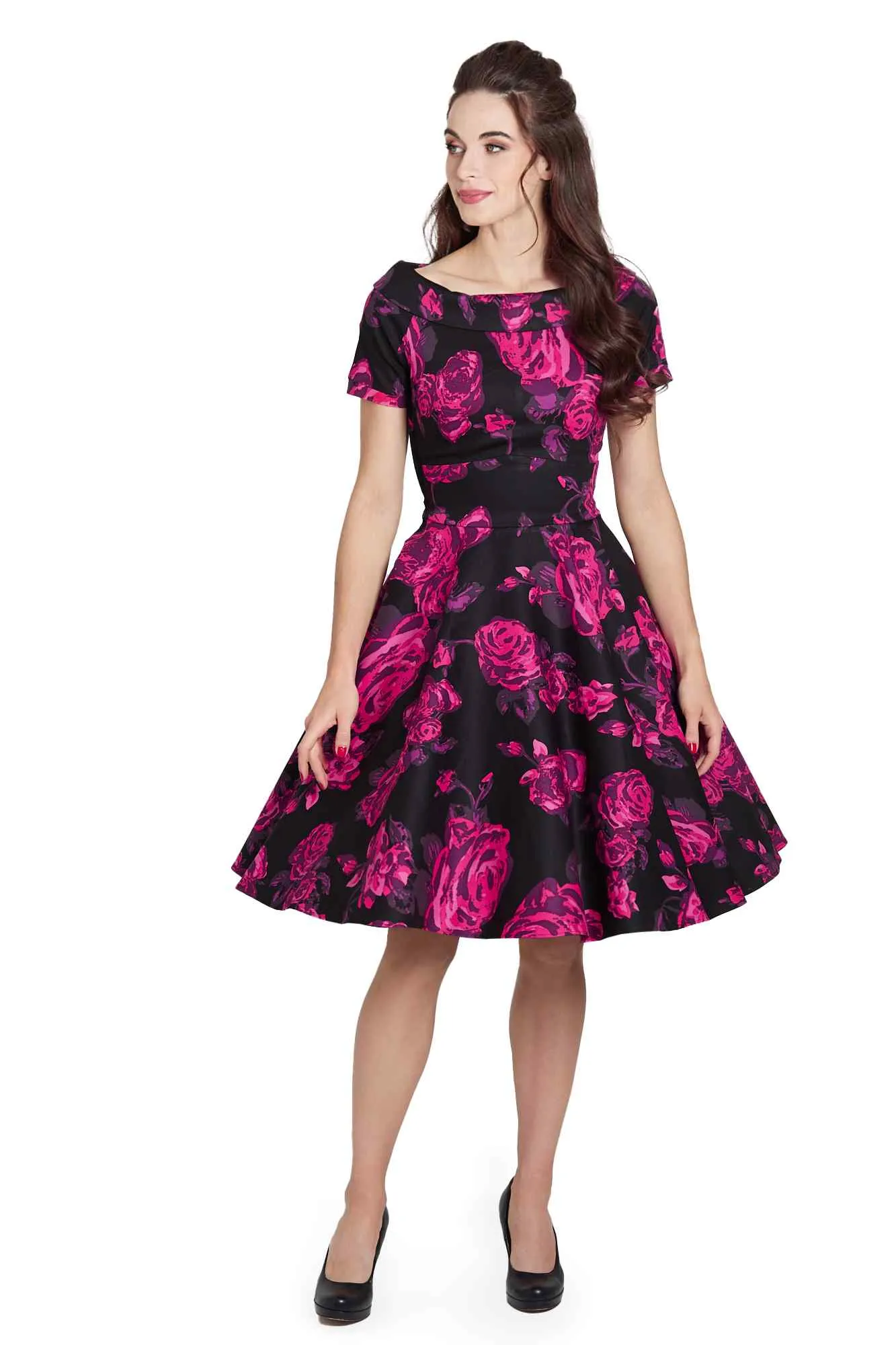 Darlene Retro Black-Pink Roses Swing Dress