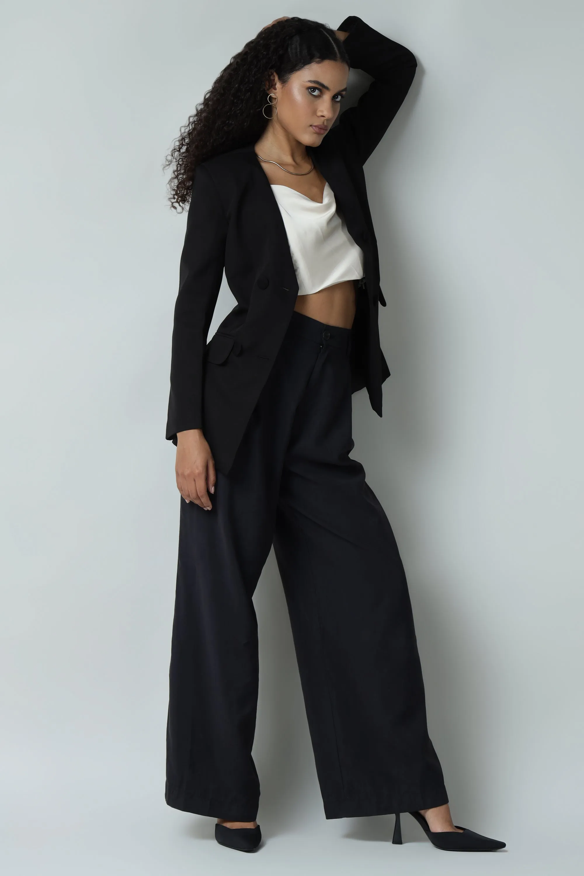Double Breasted Black No Collar Blazer