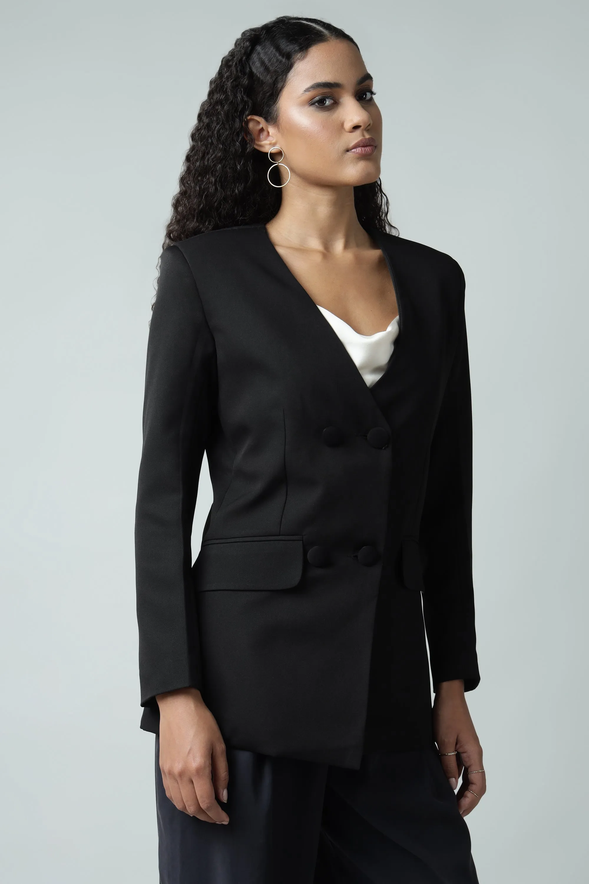 Double Breasted Black No Collar Blazer
