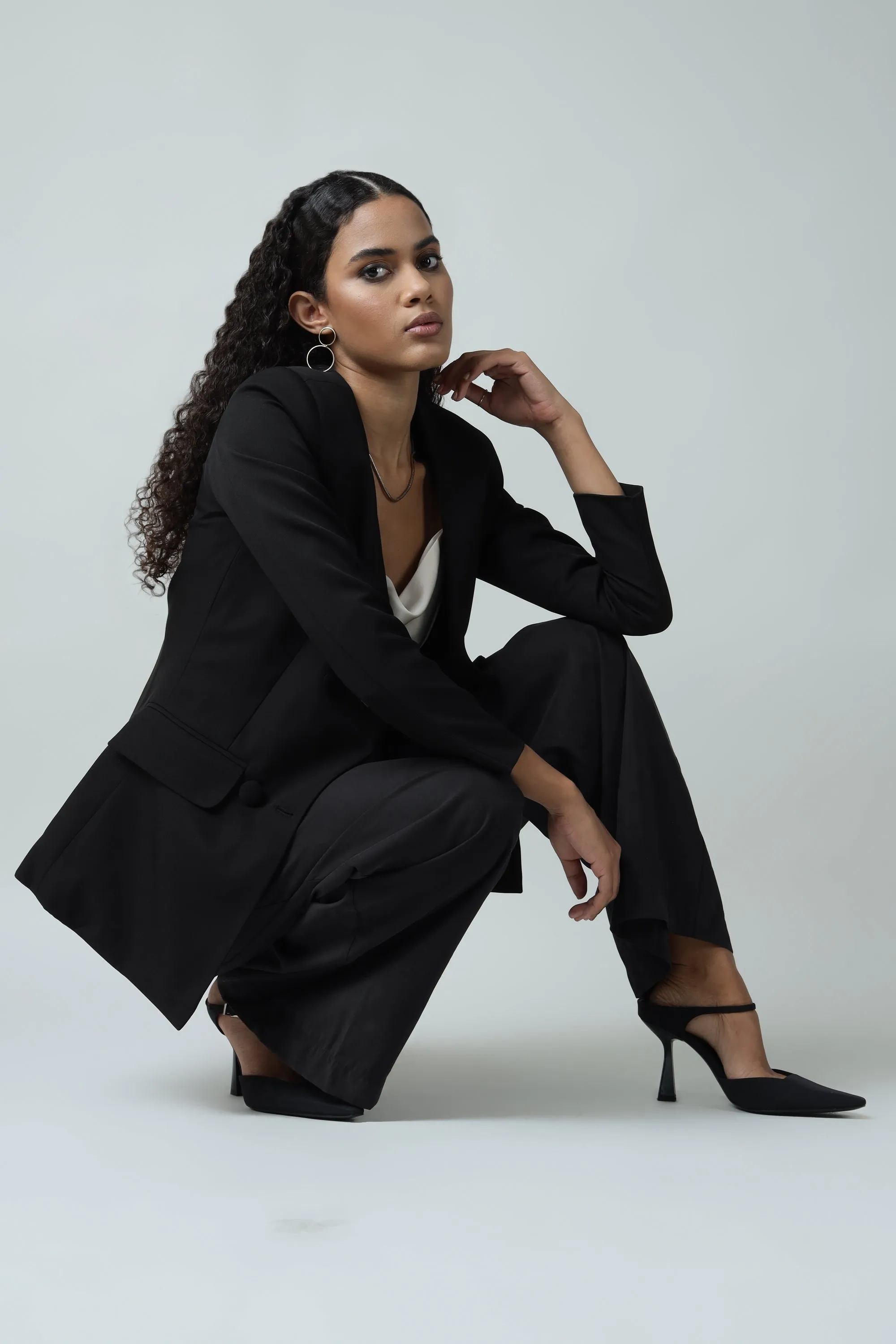 Double Breasted Black No Collar Blazer