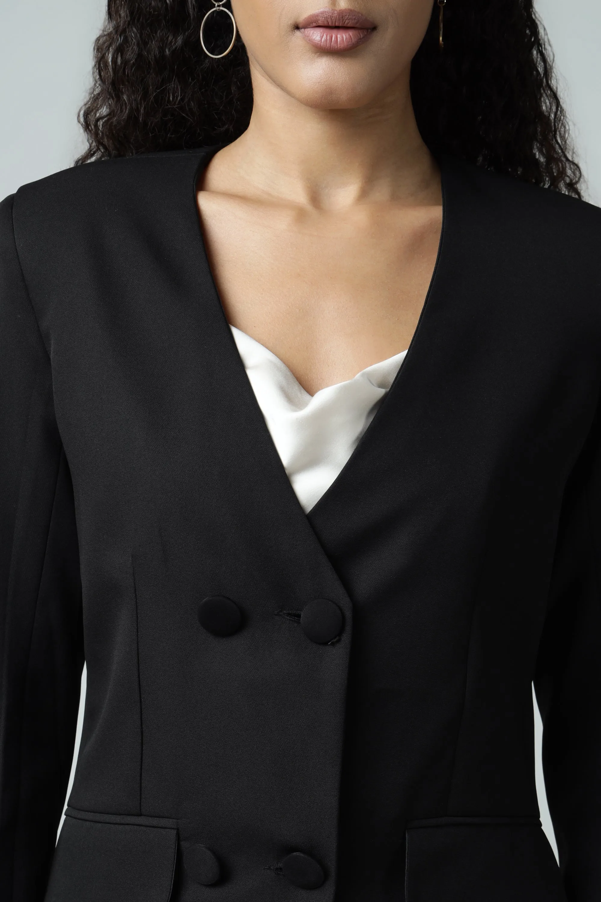 Double Breasted Black No Collar Blazer