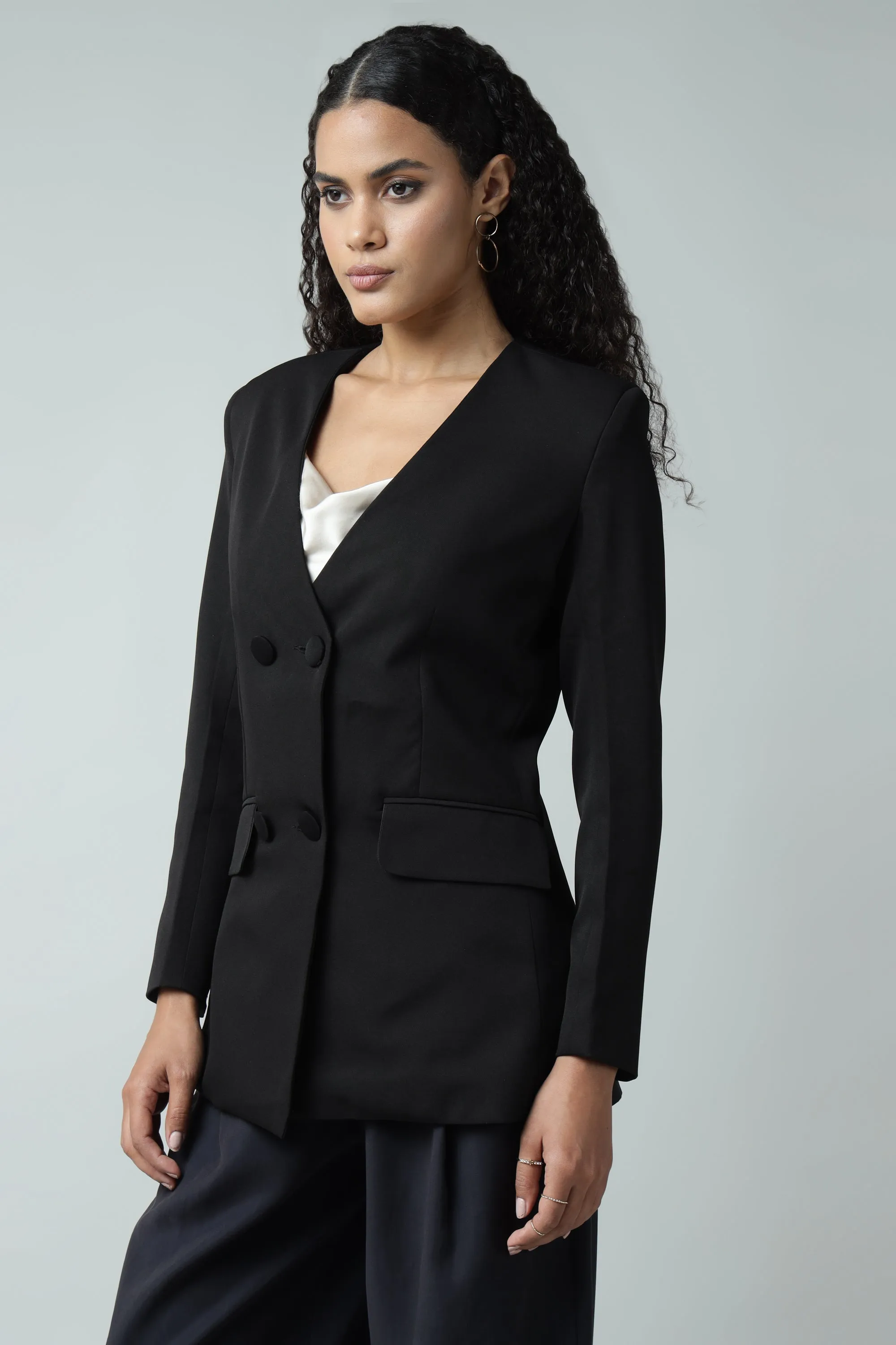 Double Breasted Black No Collar Blazer