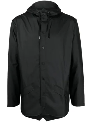 drawstring-hooded buttoned rain jacket