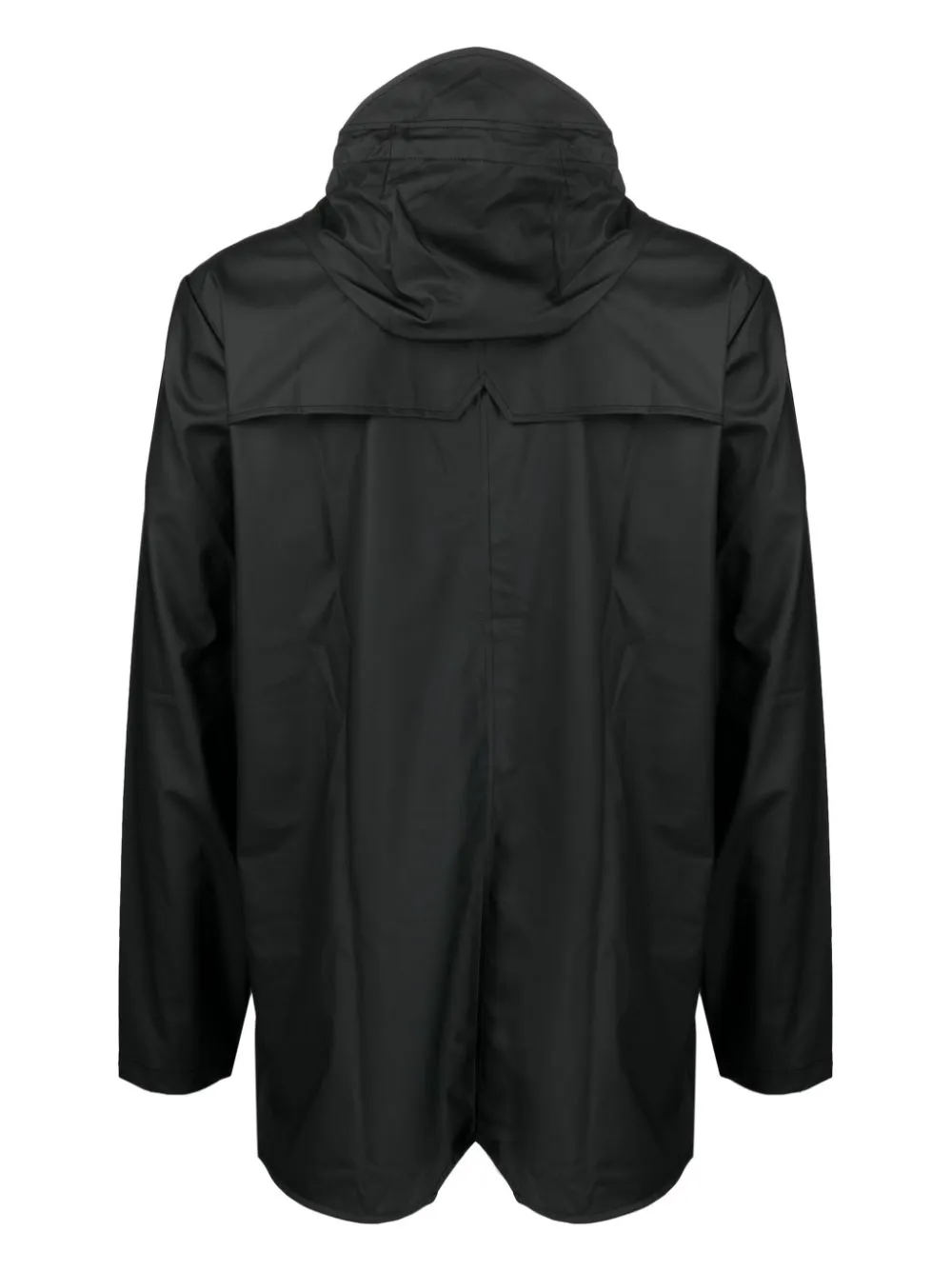 drawstring-hooded buttoned rain jacket
