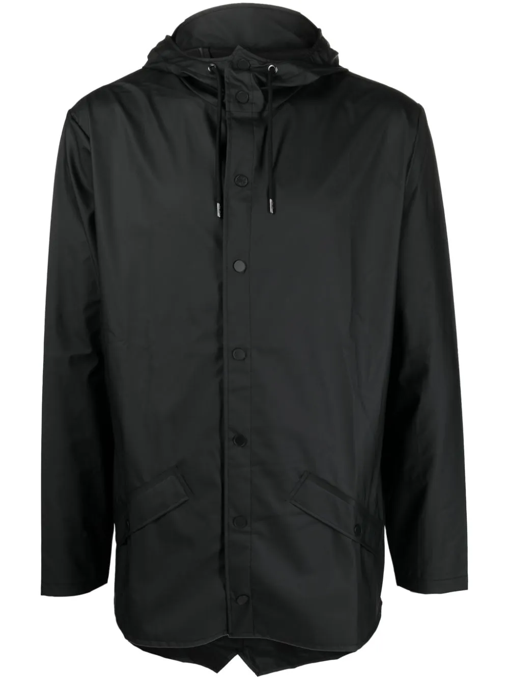 drawstring-hooded buttoned rain jacket