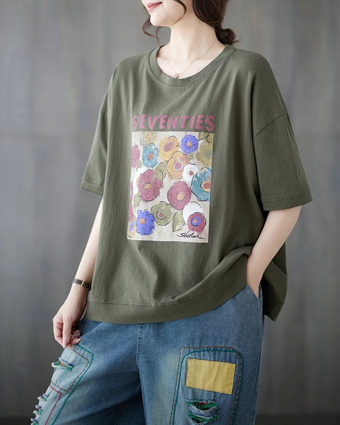 ellazhu Women's Shirt Half Sleeve Crewneck Oversize Loose Pattern with Flowers Spring Summer GA2747