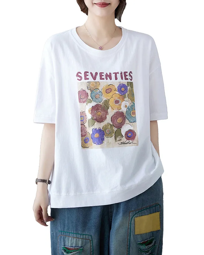 ellazhu Women's Shirt Half Sleeve Crewneck Oversize Loose Pattern with Flowers Spring Summer GA2747