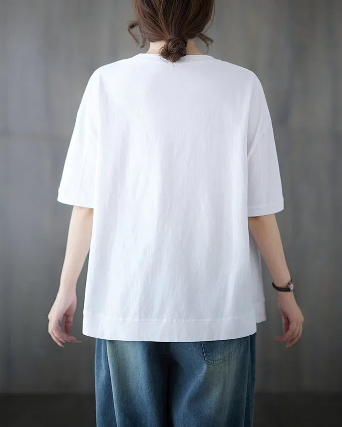 ellazhu Women's Shirt Half Sleeve Crewneck Oversize Loose Pattern with Flowers Spring Summer GA2747