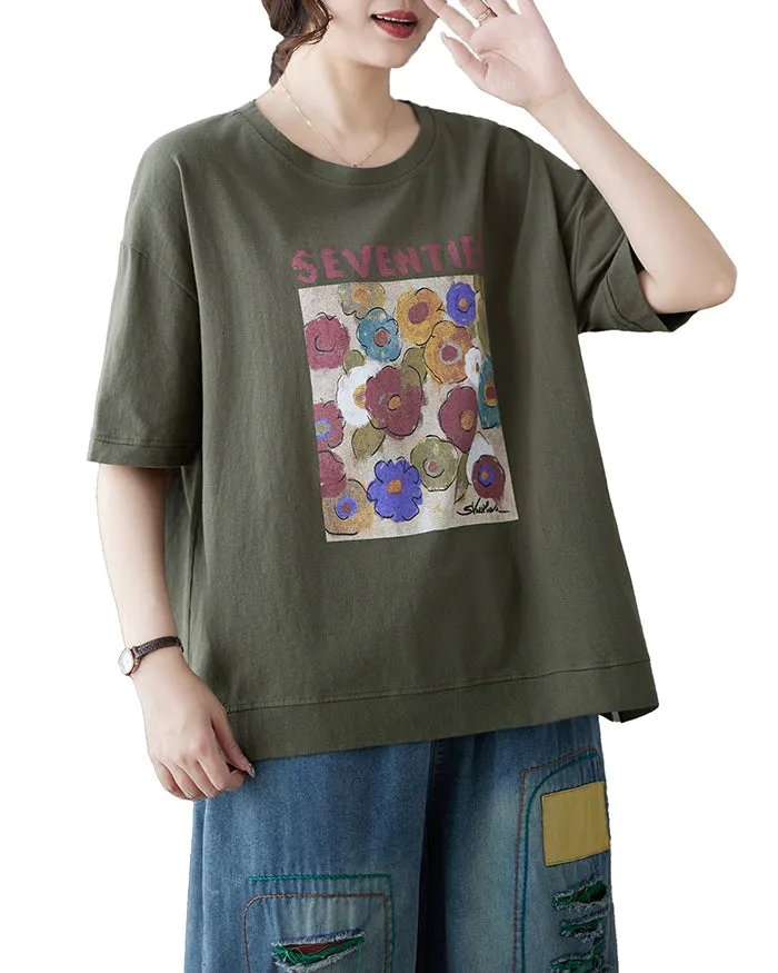 ellazhu Women's Shirt Half Sleeve Crewneck Oversize Loose Pattern with Flowers Spring Summer GA2747