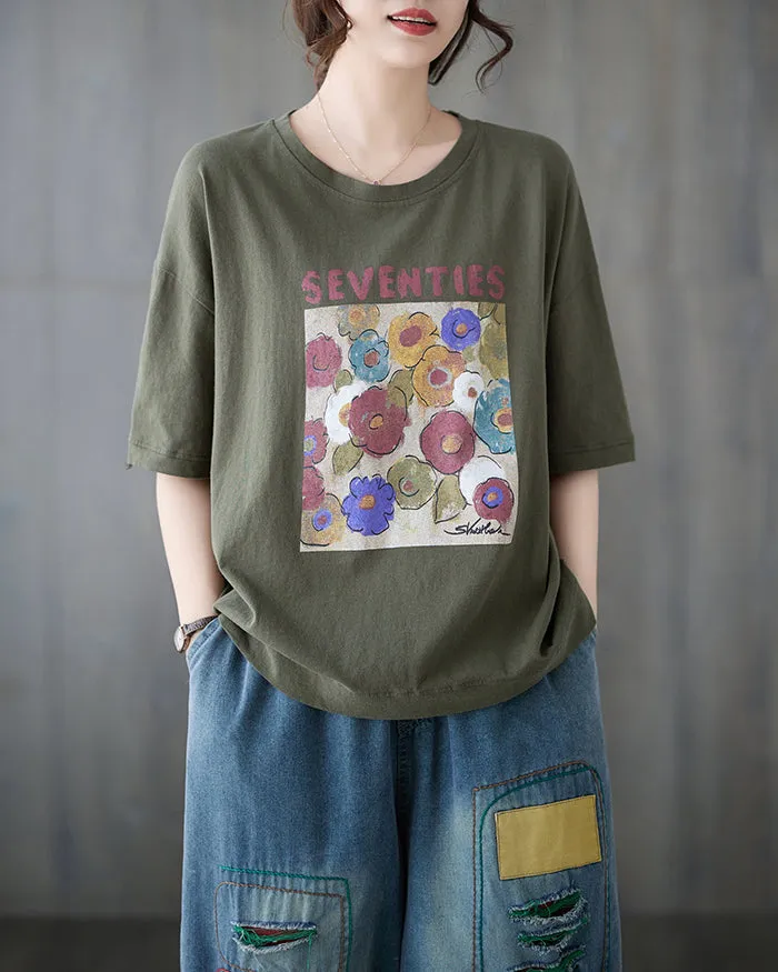 ellazhu Women's Shirt Half Sleeve Crewneck Oversize Loose Pattern with Flowers Spring Summer GA2747
