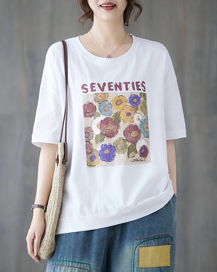 ellazhu Women's Shirt Half Sleeve Crewneck Oversize Loose Pattern with Flowers Spring Summer GA2747