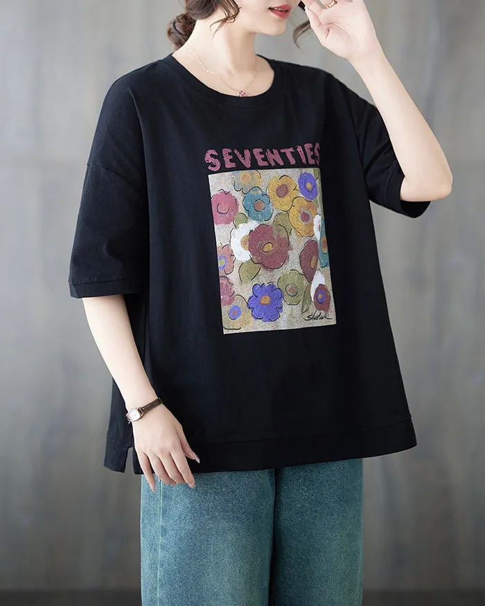 ellazhu Women's Shirt Half Sleeve Crewneck Oversize Loose Pattern with Flowers Spring Summer GA2747