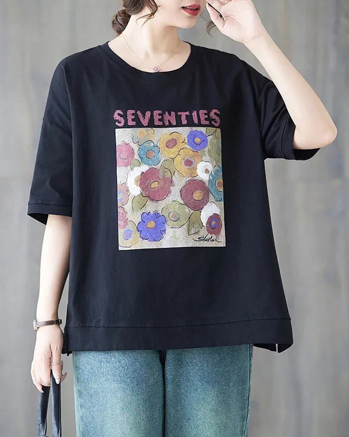 ellazhu Women's Shirt Half Sleeve Crewneck Oversize Loose Pattern with Flowers Spring Summer GA2747