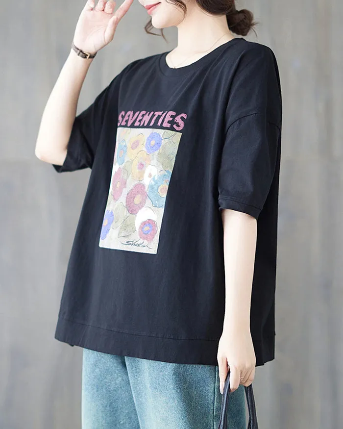 ellazhu Women's Shirt Half Sleeve Crewneck Oversize Loose Pattern with Flowers Spring Summer GA2747