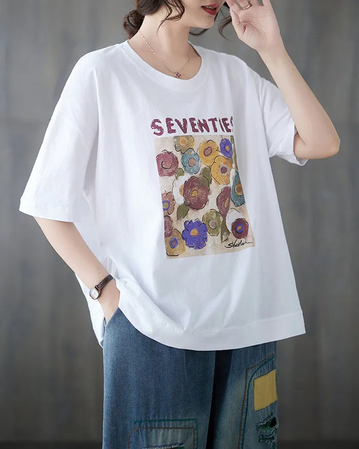 ellazhu Women's Shirt Half Sleeve Crewneck Oversize Loose Pattern with Flowers Spring Summer GA2747