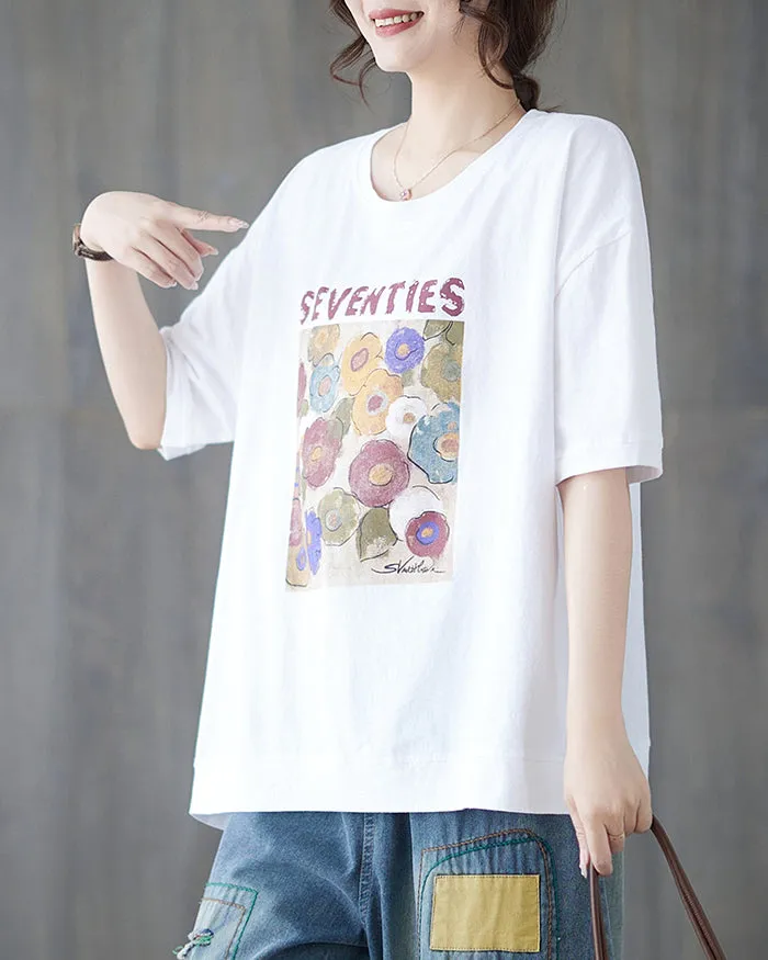 ellazhu Women's Shirt Half Sleeve Crewneck Oversize Loose Pattern with Flowers Spring Summer GA2747