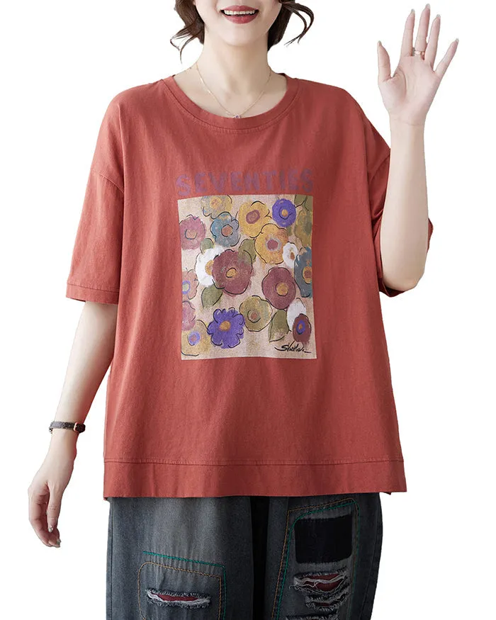 ellazhu Women's Shirt Half Sleeve Crewneck Oversize Loose Pattern with Flowers Spring Summer GA2747