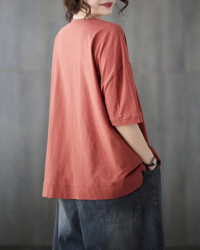 ellazhu Women's Shirt Half Sleeve Crewneck Oversize Loose Pattern with Flowers Spring Summer GA2747