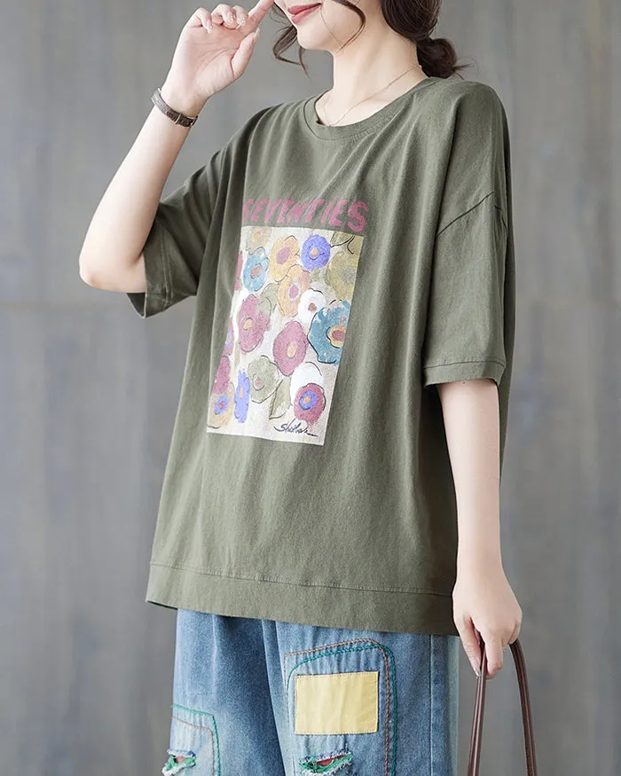 ellazhu Women's Shirt Half Sleeve Crewneck Oversize Loose Pattern with Flowers Spring Summer GA2747