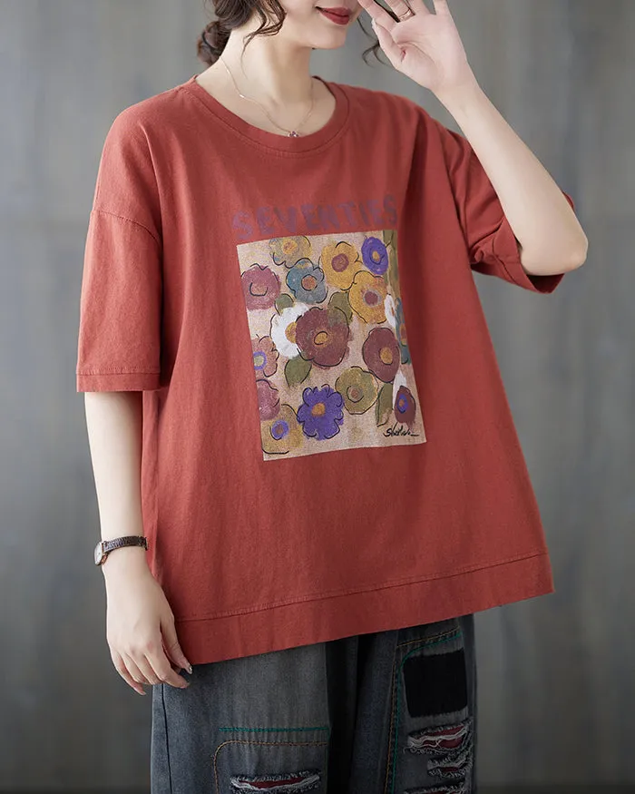 ellazhu Women's Shirt Half Sleeve Crewneck Oversize Loose Pattern with Flowers Spring Summer GA2747