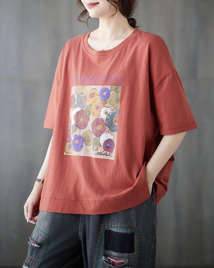 ellazhu Women's Shirt Half Sleeve Crewneck Oversize Loose Pattern with Flowers Spring Summer GA2747