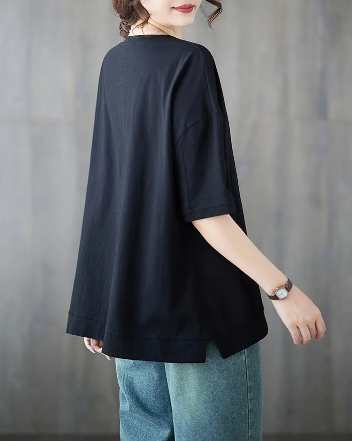 ellazhu Women's Shirt Half Sleeve Crewneck Oversize Loose Pattern with Flowers Spring Summer GA2747